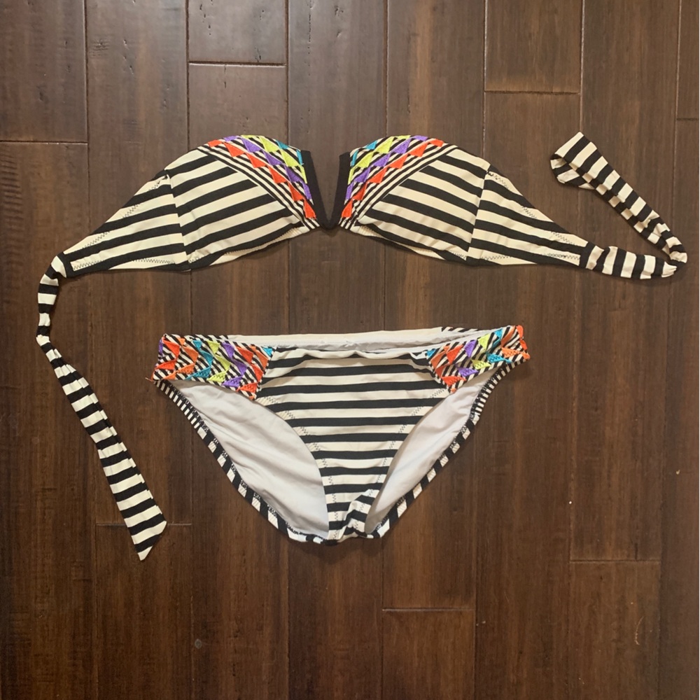 Nanette Lepore Black & White Striped Bikini with Colorful Embroidered Trim